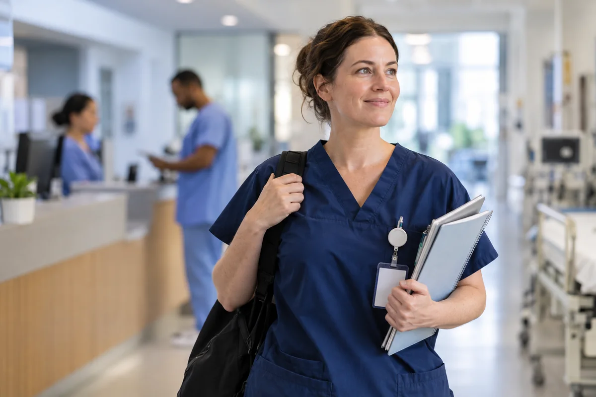 A nurse in scrubs carrying a folder and a shoulder bag in a hospital corridor, with two colleagues at a workstation behind her.