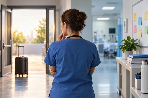 A nurse seen from behind in a hospital corridor, looking out through open doors toward daylight, a suitcase beside her.