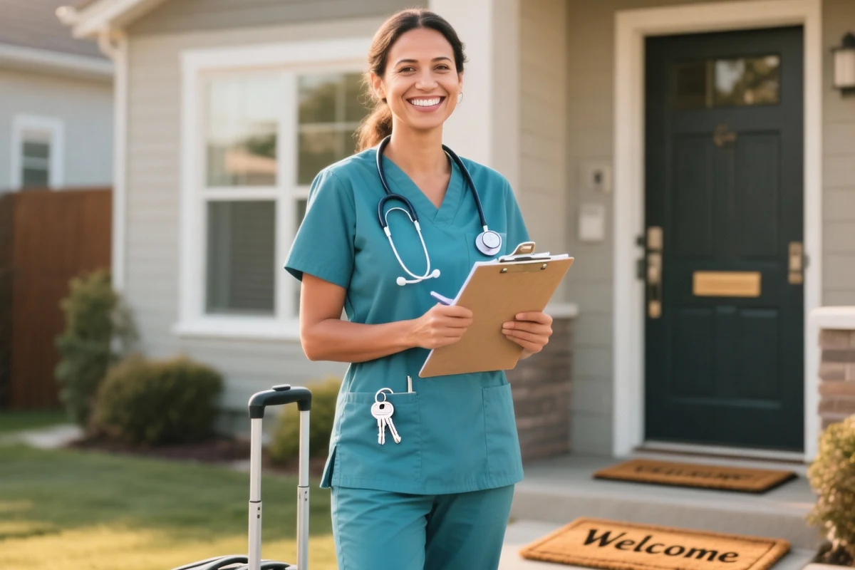 A nurse in teal scrubs holding a clipboard and a suitcase in front of a house with a welcome mat