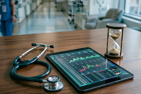 A stethoscope, a tablet showing a pay chart and an hourglass on a wooden desk, with a nurse walking the ward corridor behind.