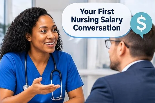 A nurse in conversation with a hiring manager, discussing a first nursing salary offer.