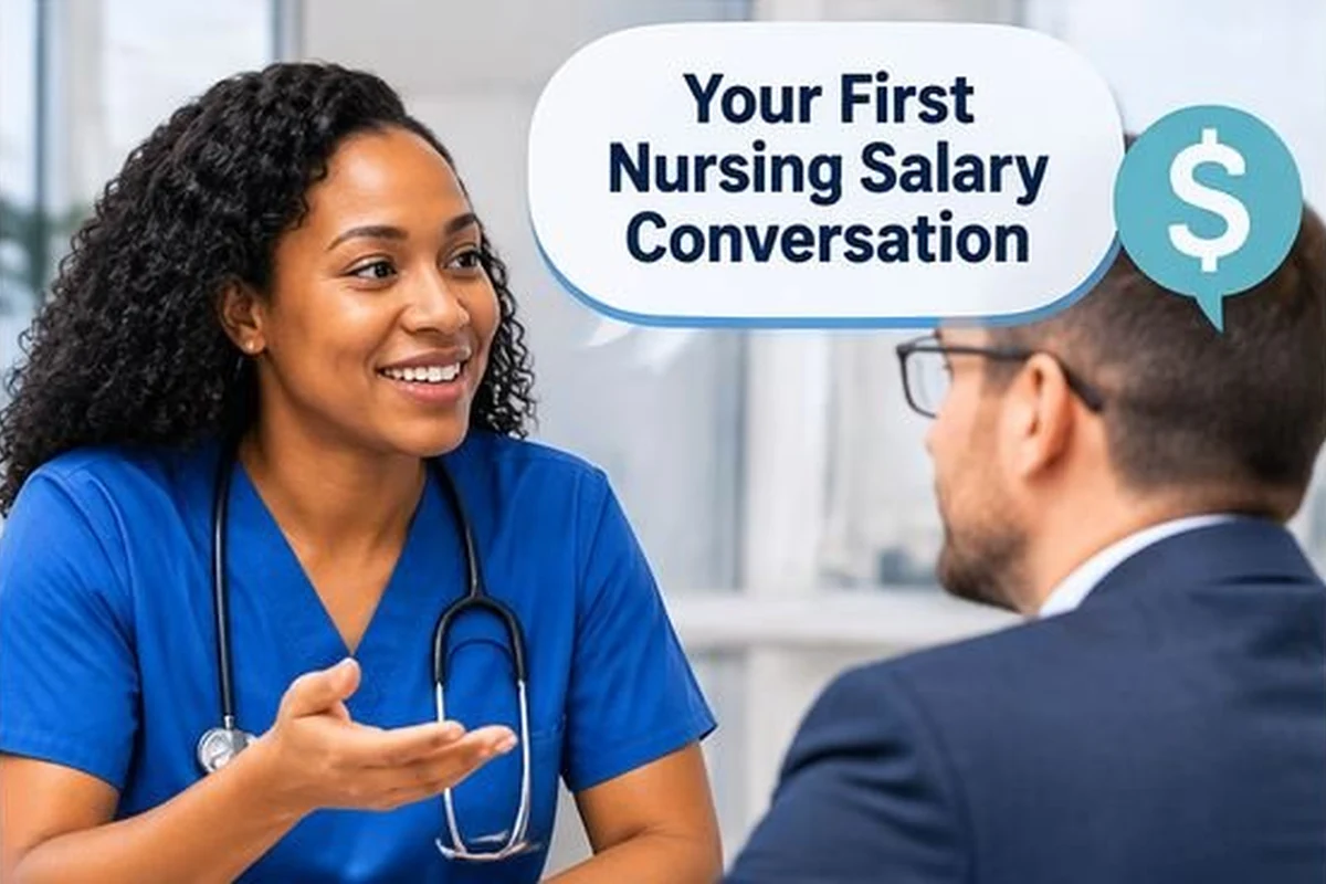 A nurse in conversation with a hiring manager, discussing a first nursing salary offer.