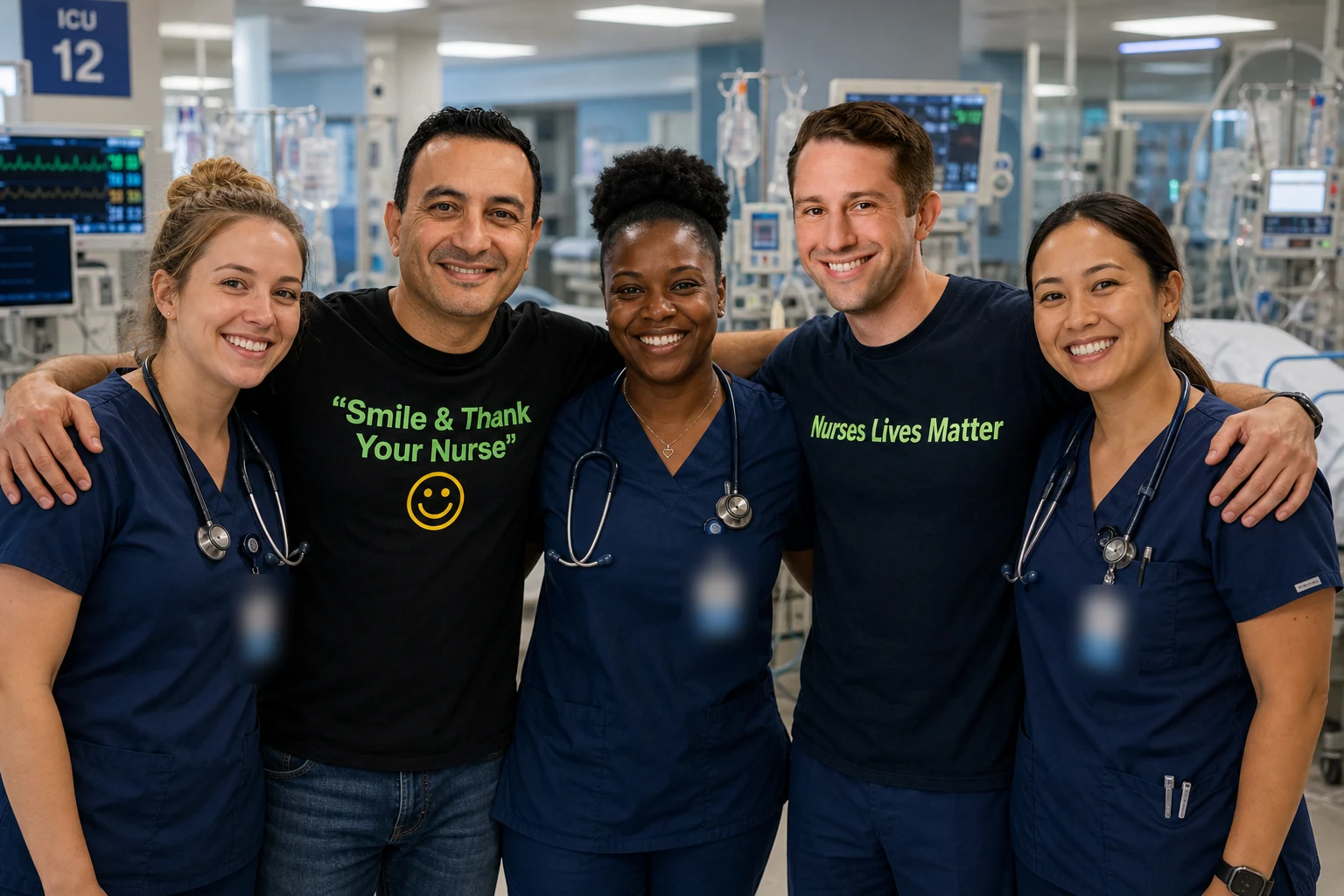 NurseRoot's two writers standing with three ICU nurses in a hospital corridor, badges obscured.